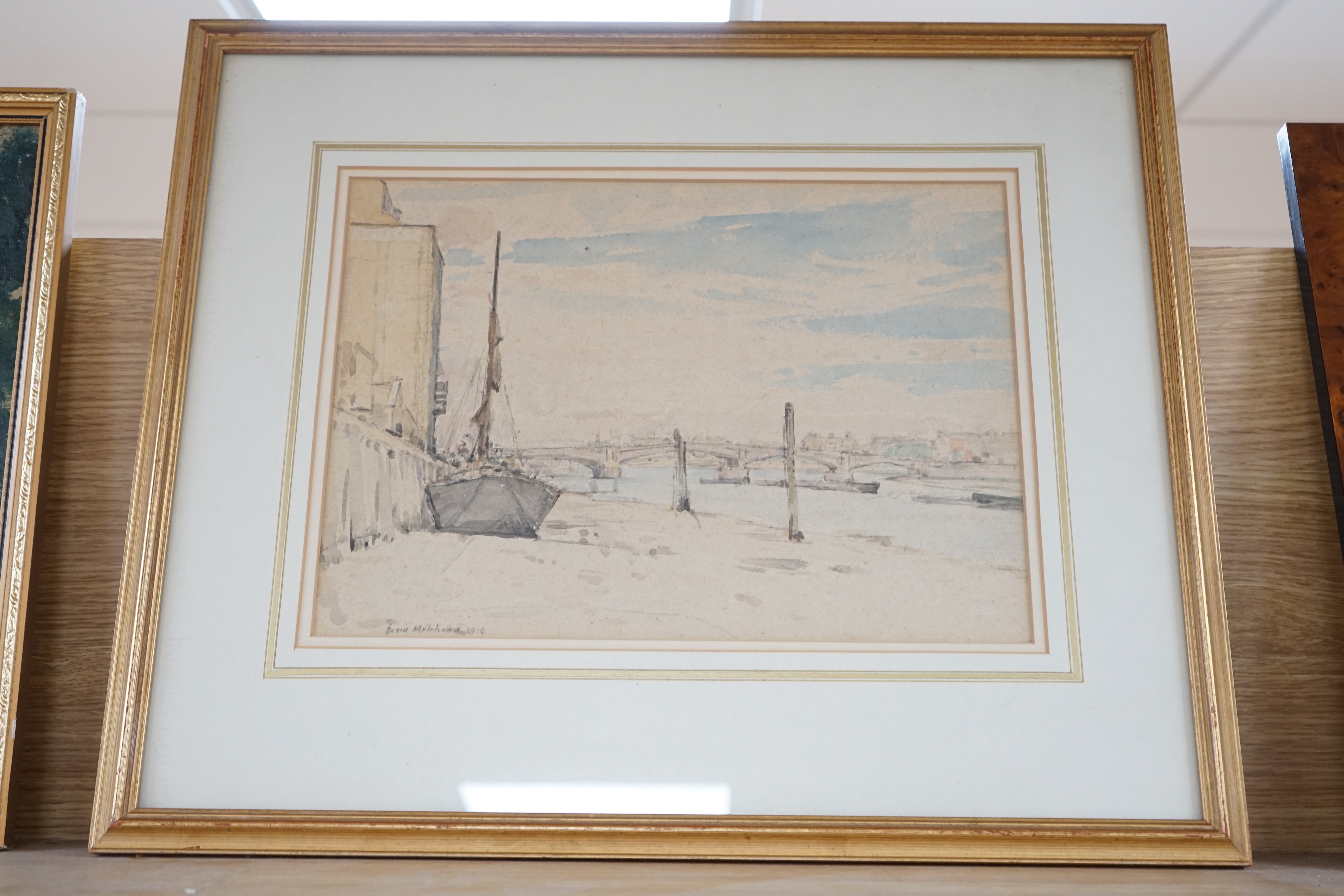 David Muirhead, ARA, (1876-1930), watercolour, Waterloo Bridge, signed and dated 1919, exhibition gallery label verso, 26 x 37cm